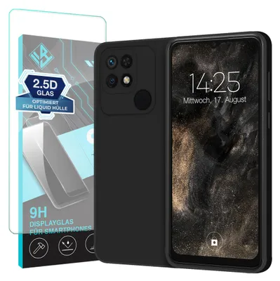 Produktbild von Hülle für Xiaomi Redmi 10C mit 9H Displayglas Displayschutz Case Cover Bumper Smartphone Softgrip Schutzhülle Farbe: Schwarz