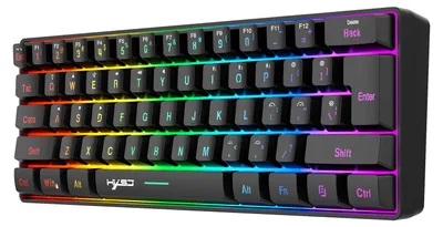 A black compact keyboard with RGB lighting.