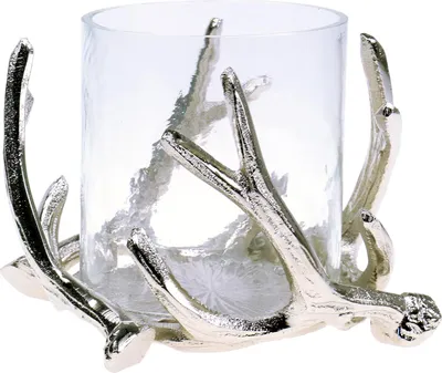 Produktbild von Windlicht mit Geweih-Dekor Silberfarben für Kerzen & Teelichter, Ø16cm H11cm, Tischdeko