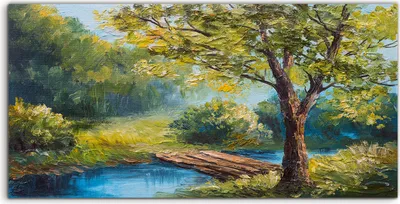 Produktbild von Coloray Glasbild 140x70  Wandbild Glasbilder Foto Bild Baum See Sommer Wald Brücke