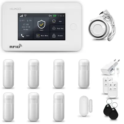 Image de Système d'alarme HUXGO HXA006, connecté Wi-Fi + GSM 4G, comprenant 7 détecteurs de mouvement et 1 détecteur de porte/fenêtre. Système d'alarme pour appartement, maison ou garage
