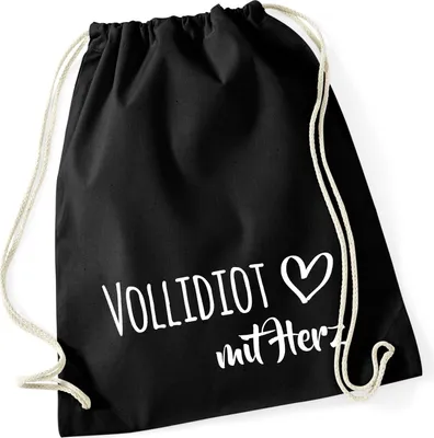 Produktbild von Huuraa Turnbeutel Vollidiot mit Herz 12 Liter Black Baumwolle Rucksack Geschenkidee