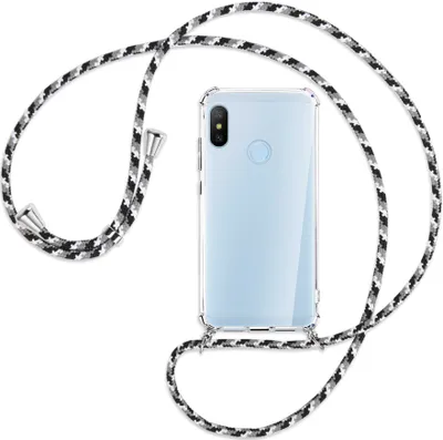 Produktbild von Handykette Backcover-Schutzhülle mit Band (Metall silberfarben) für Xiaomi Mi A2 Lite - schwarz/grau/weiß