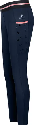 A pair of navy blue children's riding leggings with pink trim and a pocket featuring a heart pattern.