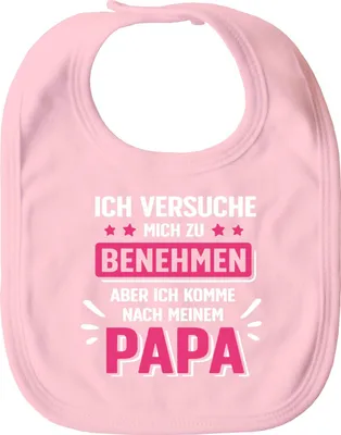 Produktbild von Baby Lätzchen groß bedruckt mit Spruch Ich versuche mich zu benehmen witzige Sprüche Babylatz Moonworks® Mädchen rosa unisize