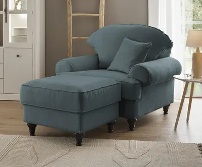 Produktbild von Sessel Set "Adelina" in grau Landhaus Loungesessel inklusive Hocker