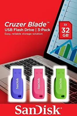 Zdjęcie produktu dla SanDisk Cruzer Blade 3x 32GB, 32 GB, USB Typu-A, 2.0, Bez zatyczki, 2,5 g, Niebieski, Zielony, Różowy