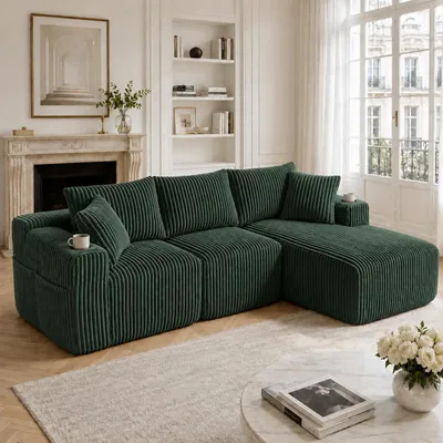 Produktbild von Cordsofa mit Recamiere 3-Sitzer Wohnlandschaft Modular Ecksofa mit Getränkehalter & Seitentaschen L-Form Couch inklusive 5 Kissen Sofa Set Grau