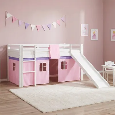 Produktbild von Homestyle4u Hochbett 90x200 Kinderbett mit Rausfallschutz Rutsche Kiefer Vorhang rosa Jugendbett