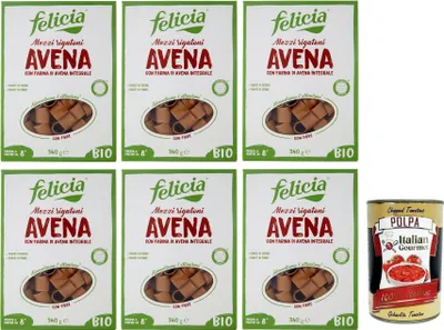 Produktbild von 6x Felicia Mezzi Rigatoni Avena,Pasta con Farina di Avena integrale,Nudeln mit Vollkorn-Haferflocken,Bio und Natürlich Glutenfrei,Packung mit 340g + Italian Gourmet Polpa di Pomodoro 400g Dose