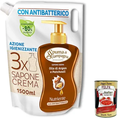 Produktbild von 3x Spuma di Sciampagna Nachfüllpackung Flüssigseife, Ecoricarica Arganöl und Patchouli Benessere Idratante Liquid Soap - 1500 ml + Italian Gourmet Polpa 400 g