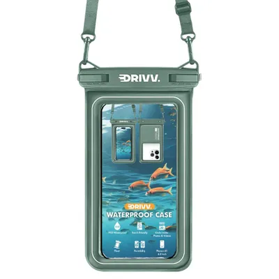 Produktbild von Drivv. Wasserdichte Handyhülle – Schwimmfähig – Doppel-Clip-Verschluss – Handys bis zu 6,8 Zoll – Unterwasser-Handyhülle – Olive