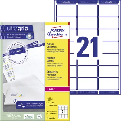 Produktbild von Avery Zweckform L7160-250 Adress-Etiketten, A4 mit ultragrip, 63,5 x 38,1 mm, 250 Bogen/5.250 Etiketten, weiß
