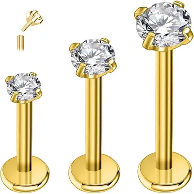 Obrázok produktu pre Sada 3 piercingov do tragusu, značka Titan, 18g, dĺžka 6 mm/8 mm/10 mm, zlatá farba, s kryštálmi CZ, hypoalergénne