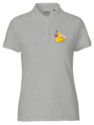 Produktbild von Huuraa Damen Polo Shirt Quietscheente Einhorn Gummiente Unicorn M Sport Grey Bio Baumwolle Fairtrade Poloshirt Geschenkidee