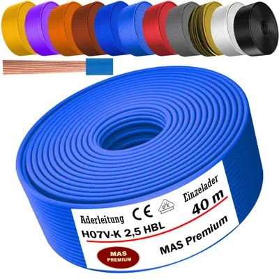 Immagine prodotto di Cavo di alimentazione da 40 metri, tipo H07 V-K, HBL, sezione 1x2,5 mm², colore azzurro chiaro, monofilo, flessibile