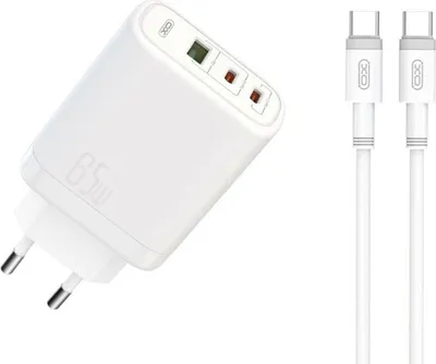 Immagine prodotto di Caricatore da parete XO CE04 PD 65W QC 45W 1x USB 2x USB-C bianco + cavo USB-C - USB-C