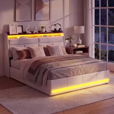 Obrázek produktu pro UnboxG čalouněná postel 140 x 200 cm, bílá, postel s úložným prostorem a hydraulickým systémem, RGB LED osvětlení v čele a nohách, postel s policí v čele