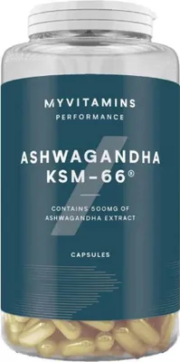 A clear, well-lit studio shot of a bottle of MyVitamins Ashwagandha KSM-66 capsules.