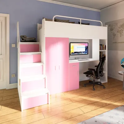 Produktbild von Marlux-Meble Hochbett Kinderbett JSM-4 80x190 mit Kleiderschrank Schreibtisch und Treppe Matt Kinderbetten Funktionsbett Etagenbett Stockbett Kinderhochbett Jugendhochbett (Rosa Matt)
