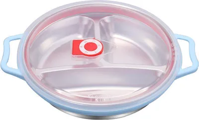 Obrázok produktu pre Detský tanier z nehrdzavejúcej ocele s ochranou proti popáleniu, úchytom, deleným dizajnom, večera pre materskú školu, modrý, s viečkom