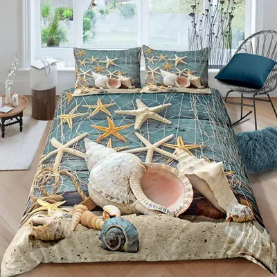 Productafbeelding van Kinderbeddengoed, zeestermotief, 135x200 cm, 4-delig, microvezel, oceaanmotief