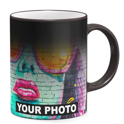 Productafbeelding van Fotobeker: Beker met eigen foto en tekst. Gepersonaliseerde bedrukking. Cadeau. Thermische beker met kleurverandering. Magische beker. Zwart. [117]