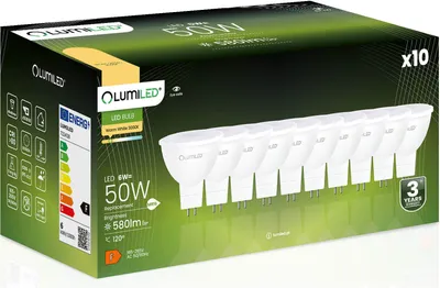 Produktbild von LUMILED GU5.3 LED žárovky 230V žárovky 10 kusů sada MR16 6W (50W) 3000K teplá bílá 580 lumenů 120° úhel vyzařování bodové teplé reflektorové žárovky
