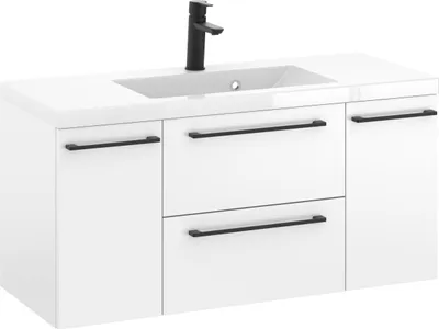 Produktbild von Rosen 100 cm Badezimmerschrank in Weiß Hochglanz mit Waschbecken und Schwarzen matten Griffen - Zeitloses Design
