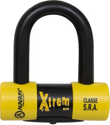 A close-up studio shot of a black and yellow U-lock with branding.