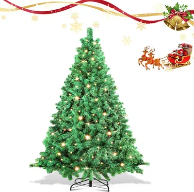 Image de Arbre de Noël artificiel ISOISL, 180 cm, avec éclairage LED (250 LED, lumière blanche chaude), comprenant un pied en métal et 860 branches. Arbre de Noël en PVC, couleur verte