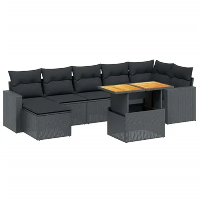 Produktbild von Modulares Garten-Loungeset, 8-tlg. Sofagarnitur mit Akazienholz-Tisch, Poly Rattan Schwarz, UV-beständig, abnehmbare Kissenbezüge