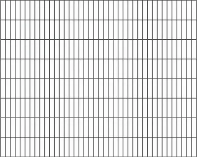 A close-up, full-frame view of a gray metal fence grid against a white background.