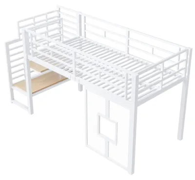 Immagine prodotto di Letto a castello per bambini, con scala, dotato di spazio contenitivo, illuminazione a LED, finestra, realizzato in metallo e MDF, dimensioni 90 x 200 cm, colore bianco