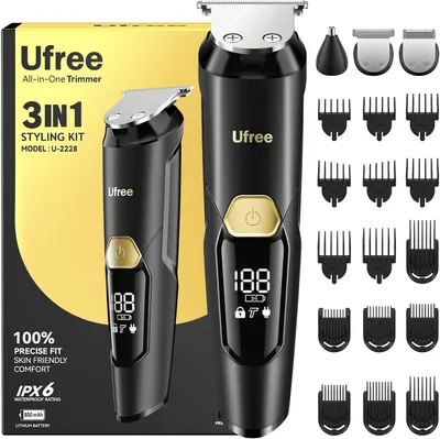 Produktbild von Ufree 3-in-1 Barttrimmer Set Herren, Elektrorasierer für Bart, Körper & Nase, wiederaufladbar, wasserdicht, Präzision Haartrimmer