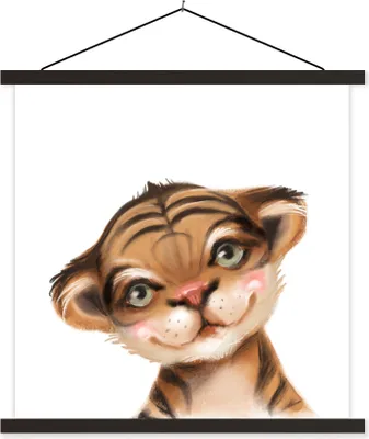 Produktbild von MuchoWow® Textilposter Tiger - Kinder - Weiß 60x60 cm mit schwarzem Rahmen - Posteraufhänger