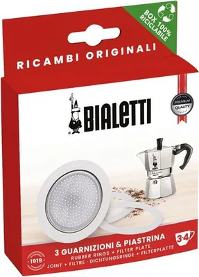 The image shows the retail packaging for Bialetti coffee maker replacement parts.
