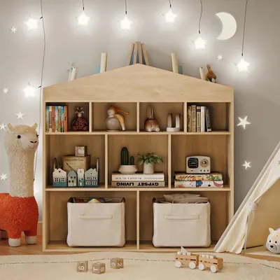 Immagine prodotto di Libreria a forma di casetta per bambini, con 4 ripiani, organizer per giocattoli, colore legno, dimensioni 103,5 x 100 x 30 cm