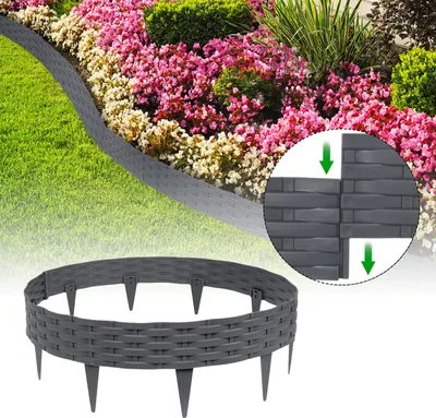 A garden edging product is shown in a circular formation in the foreground, with a landscaped garden bed in the background. An inset shows how two pieces of the edging connect.
