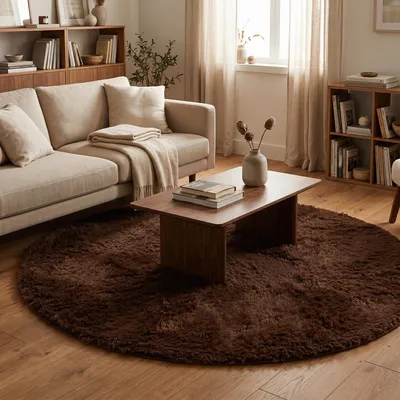 Produktbild von Fluffy Hochflor Shaggy Teppich Dunkelbraun Rund, Größe:200 cm Rund
