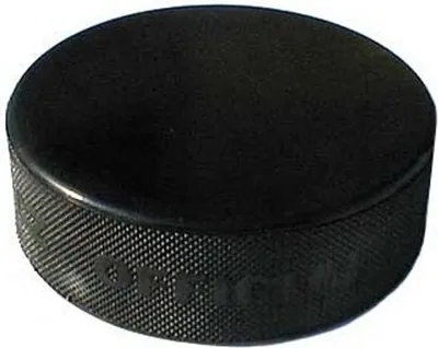 A single black hockey puck on a white background.