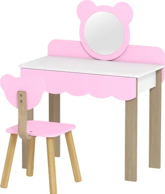 Produktbild von Kinder-Schminktisch-Set mit Hocker, Bärenspiegel, rosa MDF