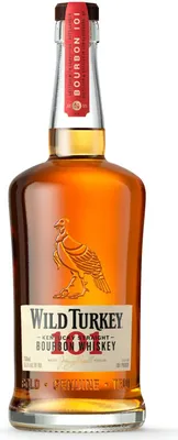 A bottle of Wild Turkey 101 Kentucky Straight Bourbon Whiskey against a white background.