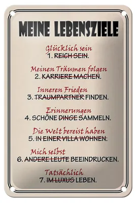 Produktbild von Blechschild Spruch 12x18cm meine Lebensziele glücklich