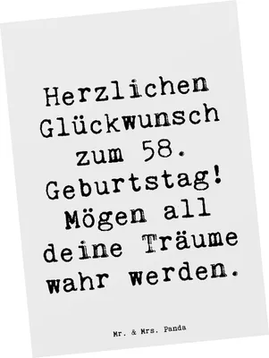 Produktbild von Mr. & Mrs. Panda Postkarte Spruch 58. Geburtstag - Weiß - Geschenk, Ansichtskarten, Postkarten, Jubiläum, Glückwunsch, Liebe Grüße, Geburtstagswünsche, persönliches