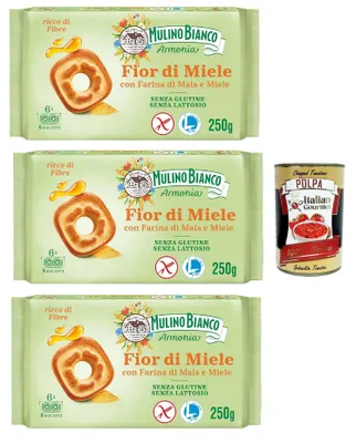 Produktbild von Mulino Bianco Fior di Miele Biscotti Frollini, Kekse mit Millefiori Honig, gluten free biscuits mit Maismehl, Laktose -freier, Gluten und Palmöl, Mulino Armonia, 3x 250g + Italian Gourmet polpa 400g