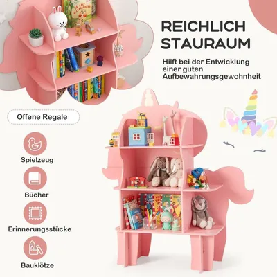 Image de Bibliothèque licorne pour enfants, organisateur de rangement de jouets avec étagères ouvertes