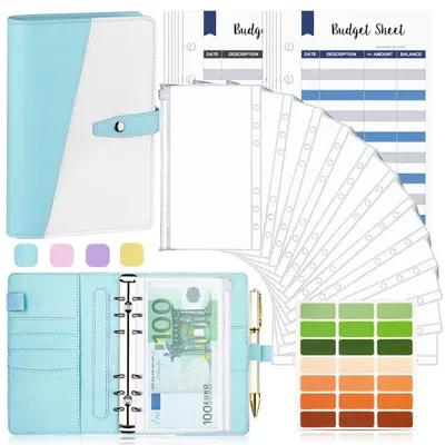 Produktbild von Budget Binder A6 Kunstleder Blau mit Geldumschlägen und Zubehör