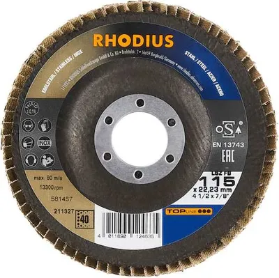 Produktbild von Rhodius 211328 Flap disc Diameter 115 mm Bore diameter 22.23 mm Stainless steel, Steel 1 pc(s)