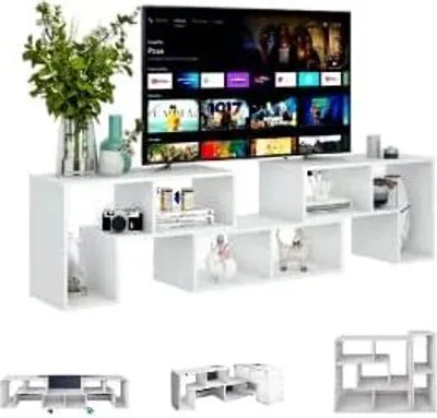 A white TV stand with a television on top, and decorative items on the shelves. Several smaller images of the TV stand are shown below.